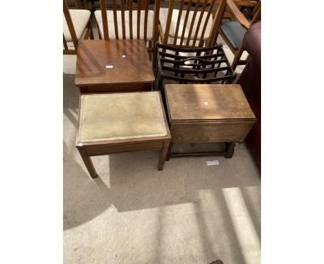 AN EDWARDIAN PIANO STOOL, VICTORIAN BOX COMMODE, REPRODUCTION CANTERBURY AND SMALL OAK DROP-LEAF TABLE 