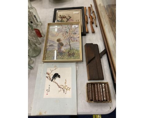 TWO VINTAGE HANDMADE PICTURES ON SILK OF BIRDS, A HAND EMBROIDERED FRAMED PICTURE, A MARGARET W TARRANT PRINT OF A CHILD WITH