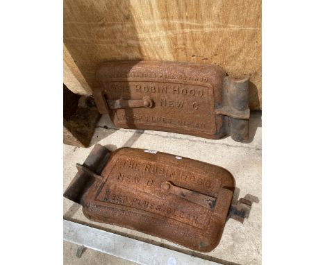 A PAIR OF VINTAGE CAST IRON 'THE ROBIN HOOD' BOILER DOORS 
