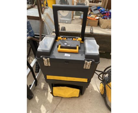A PLASTIC TWO WHEELED TOOL BOX WITH AN ASSORTMENT OF TOOLS AND HARDWARE TO INCLUDE A WOOD PLANE AND SCREW DRIVERS ETC 