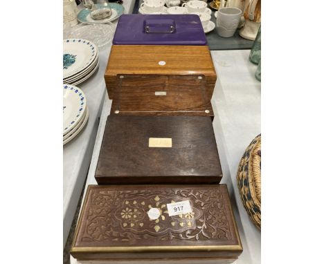FOUR VINTAGE WOODEN BOXES TO INCLUDE CARVED AND INLAID PLUS A LARGE CASH TIN 