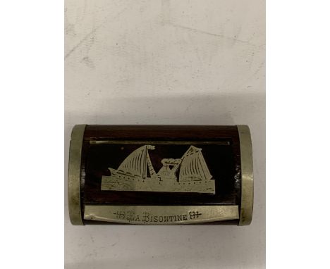A VINTAGE BISONTINE WOODEN AND METAL BOUND SNUFF BOX 