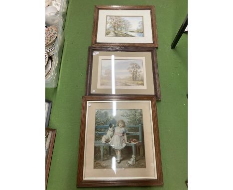 THREE VINTAGE OAK FRAMED PRINTS TO INCLUDE 'A NEW FRIEND' ETC 