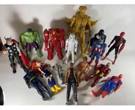 FIFTEEN VARIOUS MODEL FIGURES - DARTH VADER, ACTION MAN, SPIDER MAN ETC 