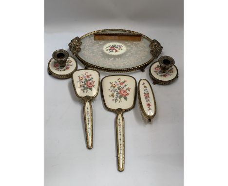 A VINTAGE FLORAL EMBROIDERED DRESSING SET WITH TRAY AND CANDLESTICKS ETC 