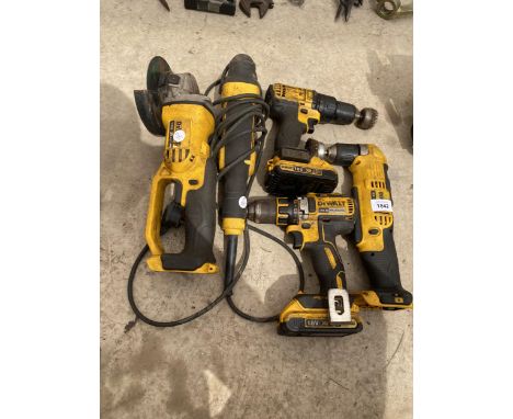 VARIOUS DEWALT POWER TOOLS TO INCLUDE TWO BATTERY DRILLS, A GRINDER AND A MULTITOOL ETC 