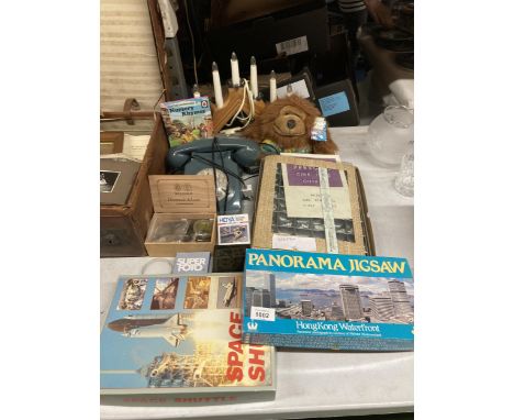 A MIXED LOT TO INCLUDE A PRESTIGE CINE TITLE OUTFIT, JIGSAWS, A VINTAGE TELEPHONE, CAMERA FILTERS, ETC 