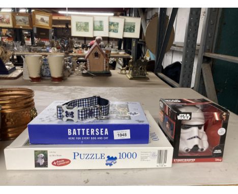A STAR WARS, STORM TROOPER COLOUR CHANGING LED LIGHT - AS NEW IN BOX, TWO DOG JIGSAW PUZZLES AND A 'HUGO &amp; HUDSON' TARTAN