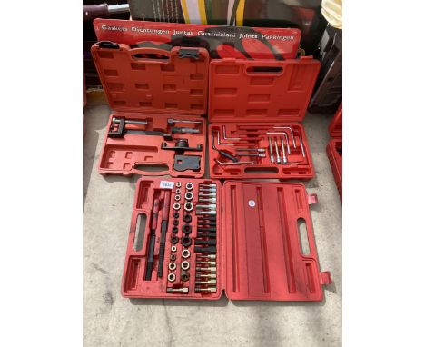 AN ASSORTMENT OF CASED TOOLS TO INCLUDE A THREAD MASTER KIT AND A DIESEL ENGINE TIMING KIT ETC 