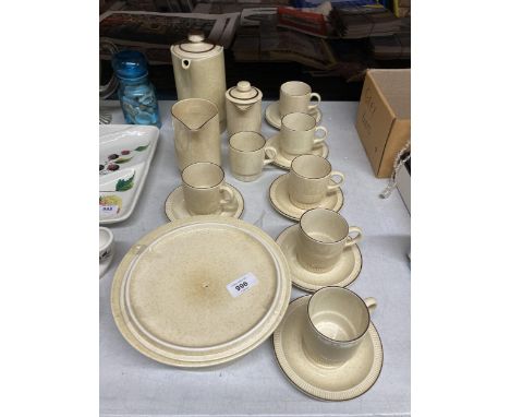 A VINTAGE POOLE POTTERY COFFEE SET TO INCLUDE A COFFEE POT, HOT WATER JUG, CREAM JUG, CUPS, SAUCERS PLUS A CASSEROLE DISH 