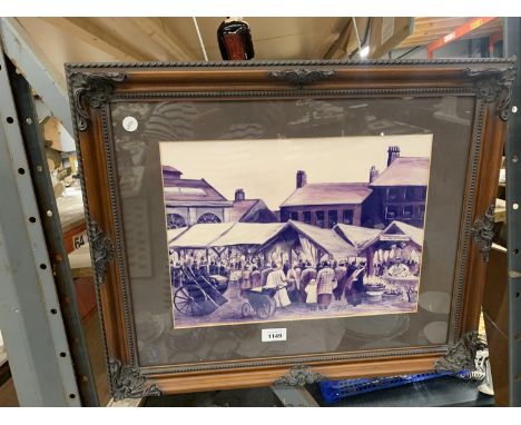A FRAMED PRINT OF A VINTAGE MARKET SCENE 