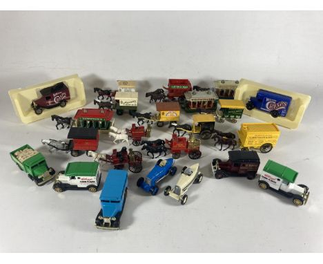 A TRAY OF LLEDO HORSE DRAWN VEHICLES AND SOME BOXED CORGI VINTAGE VANS 