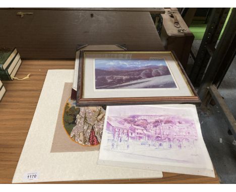 A SIGNED DAVID WOODFORD PRINT, TAPESTRY OF A LADY, ETC 