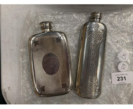 TWO PEWTER HIP FLASKS TO INCLUDE A CELTIC EXAMPLE 