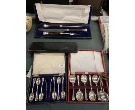 FOUR VINTAGE BOXES OF FLATWARE TO INCLUDE A CARVING SET, FISH SERVING SET, TEASPOONS WITH SUGAR TONGS AND SOUP SPOONS AND FOR