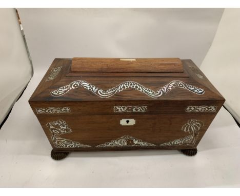 AN ANTIQUE ROSEWOOD AND MOTHER OF PEARL TEA CADDY WITH TWO INNER COMPARTMENTS AND CUT GLASS BOWL 