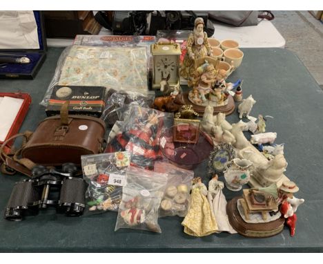 A LARGE MIXED LOT TO INCLUDE DOLLS, CASED BINOCULARS, SMALL FIGURES, SUSIE COOPER CUPS, AN INUIT AND HUSKIES MODEL, CARRIAGE 
