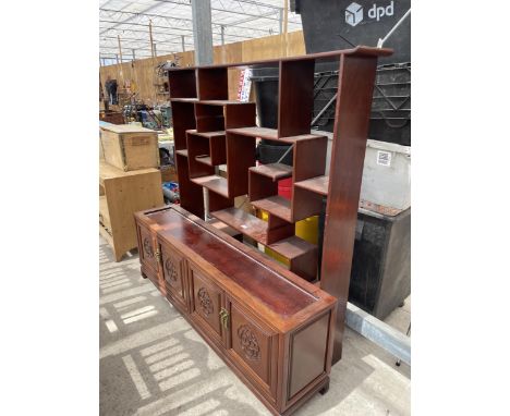 AN ASIAN HARDWOOD OPEN DISPLAY SHELVES WITH FOUR PANEL DOORS TO THE BASE, 58" WIDE, 12" DEEP AND 75" HIGH, WITH ASSORTED ORIE