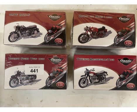 FOUR BOXED ATLAS EDITIONS CLASSIC MOTORCYCLES - 1:24 SCALE 