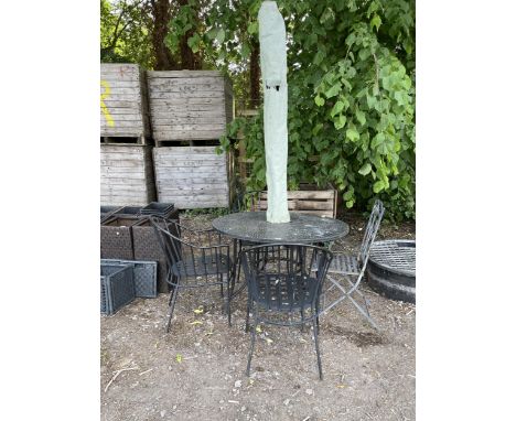 A TILE TOPPED GARDEN TABLE, FOUR CHAIRS AND A PARASOL 