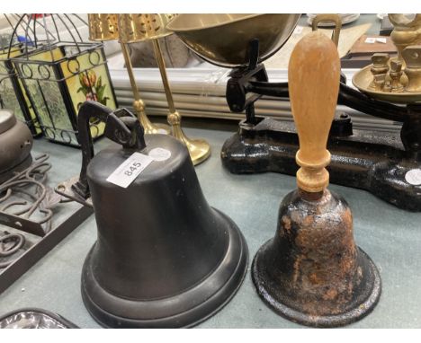TWO VINTAGE BELLS TO INCLUDE A WOODEN HANDLED EXAMPLE 