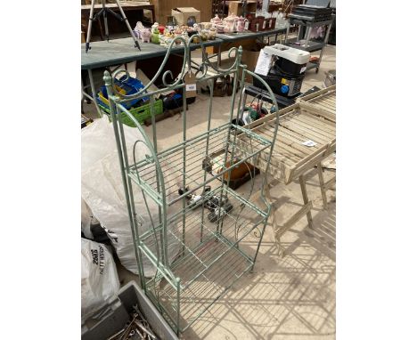 A RUSTIC VINTAGE STYLE METAL THREE TIER FOLDING DISPLAY STAND 