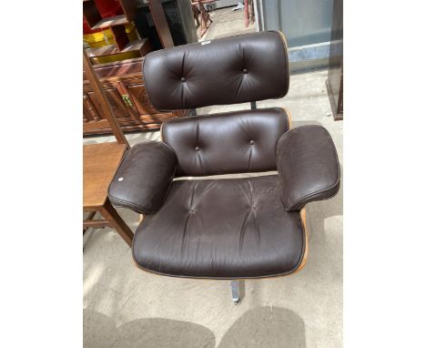 AN EAMES STYLE REVOLVING BENTWOOD CHAIR WITH DOUBLE CUSHION BUTTON BACK, ON POLISHED METALWARE FRAME 