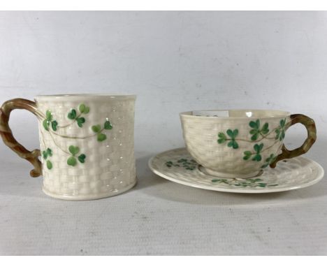 A FINE VINTAGE PORCELAIN BELLEEK CUP AND SAUCER TOGETHER WITH COFFEE MUG SHAMROCK PATTERN 
