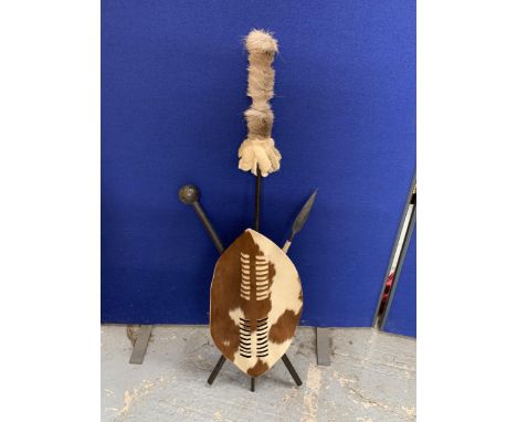 AN AFRICAN TRIBAL WALL ART SHIELD AND SPEAR 