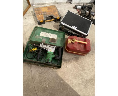 AN ASSORTMENT OF ITEMS TO INCLUDE AN HITACHI SDS DRILL AND A FUEL CAN ETC 