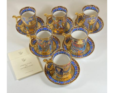 A COMPTON AND WOODHOUSE 'THE WONDERS OF THE NILE' TUTANKHAMUN GILT SET OF SIX CUPS AND SAUCERS WITH CERTIFICATES 