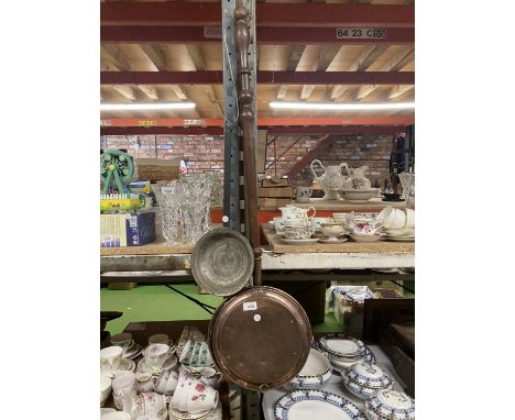 A VINTAGE COPPER WARMING PAN AND FURTHER PAN 