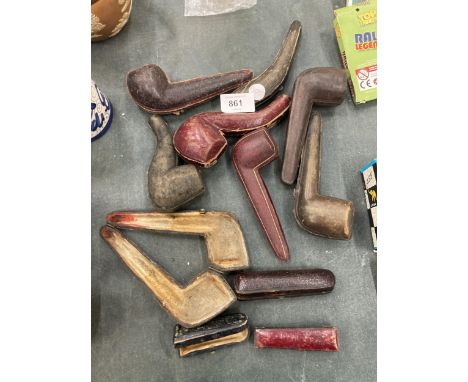 A COLLECTION OF VINTAGE LEATHER PIPE AND CHEROOT HOLDER CASES - 11 IN TOTAL 