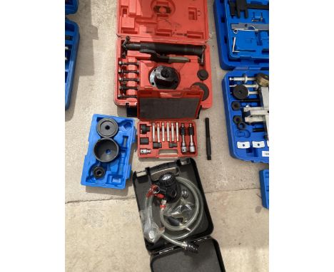 AN ASSORTMENT OF MECHANICS TOOLS TO INCLUDE AN ALTERNATOR BIT SET AND A COOLING SYSTEM FILLER ETC 