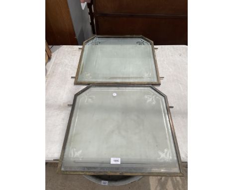 A PAIR OF VINTAGE BRASS FRAMED FROSTED WINDOWS 