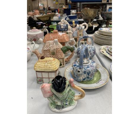 A COLLECTION OF NOVELTY CERAMIC TEAPOTS TO INCLUDE FROG AND PONY EXAMPLES 