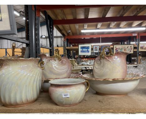 TWO LARGE CERAMIC WASHBOWLS AND SHELL SHAPED JUGS, A CHAMBER POT AND A SLOP-PAIL 