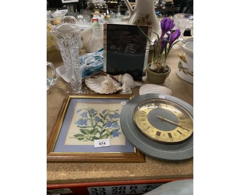 A MIXED LOT TO INCLUDE A SLATE CLOCK, SHELLS, A FRAMED CROSS STITCH, PHOTO FRAME, CUTLERY, VASE, ETC 