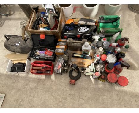 A LARGE ASSORTMENT OF MECHANICS TOOLS TO INCLUDE SNIPS, FUEL CANS AND LUBRICANTS ETC 