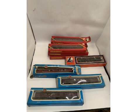 A COLLECTION OF 00 GAUGE RAILWAY COACHES TO INCLUDE SIX HORNBY L.M.S. COACHES, FULL THIRD MODEL NUMBER R 935, THREE AIRFIX 00