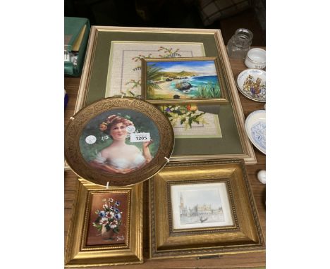 A FRAMED CROSS STITCH TAPESTRY, SMALL GILT FRAMED PRINTS AND A CABINET PLATE 