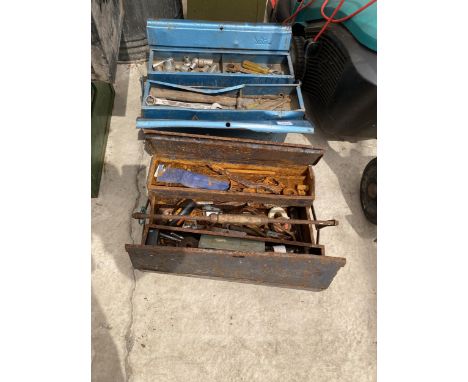 TWO METAL TOOL BOXES WITH AN ASSORTMENT OF TOOLS TO INCLUDE SPANNERS AND SOCKETS ETC 