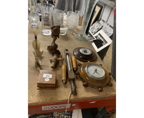 TWO WOODEN FRAMED ROUND BAROMETERS, A WOODEN FRAMED THERMOMETER, CARVED ROCK CLIMBER FIGURE, HORN BIRD, ETC 