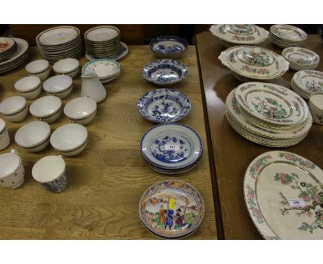 Two Chinese polychrome painted saucers; various other blue and white decorated Chinese ceramics