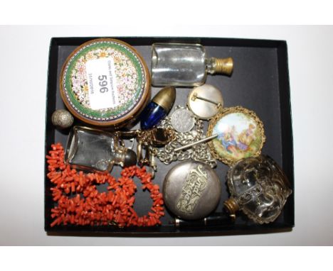 A tray containing a coral necklace; a micro mosaic brooch; scent bottle; pocket watch chain etc. 
