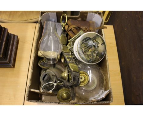 A brass oil lamp; various brass horse brasses; a Prattware pot and cover, AF; candlesticks etc.