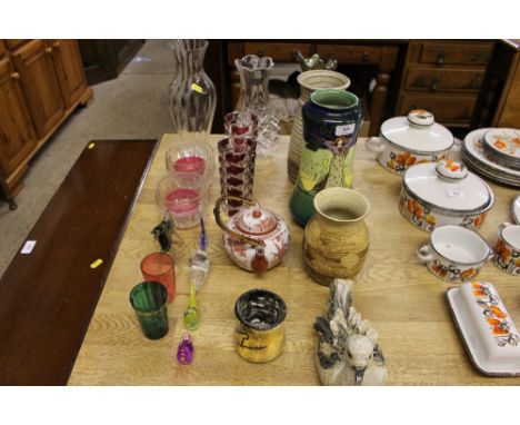 A quantity of various glass and china to include a carnival glass vase; an Art Deco style vase; a Chinese teapot etc.