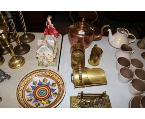 A Victorian copper teapot; a Royal Doulton figure entitled 'Top o' the Hill'; two pieces of trench art etc.