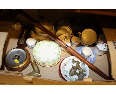 A box containing various china; a brass donkey; a walking stick; barometer etc.