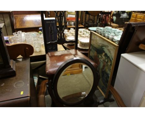 An Edwardian mahogany dining chair; a tapestry fire screen; and a mahogany swing framed toilet mirror